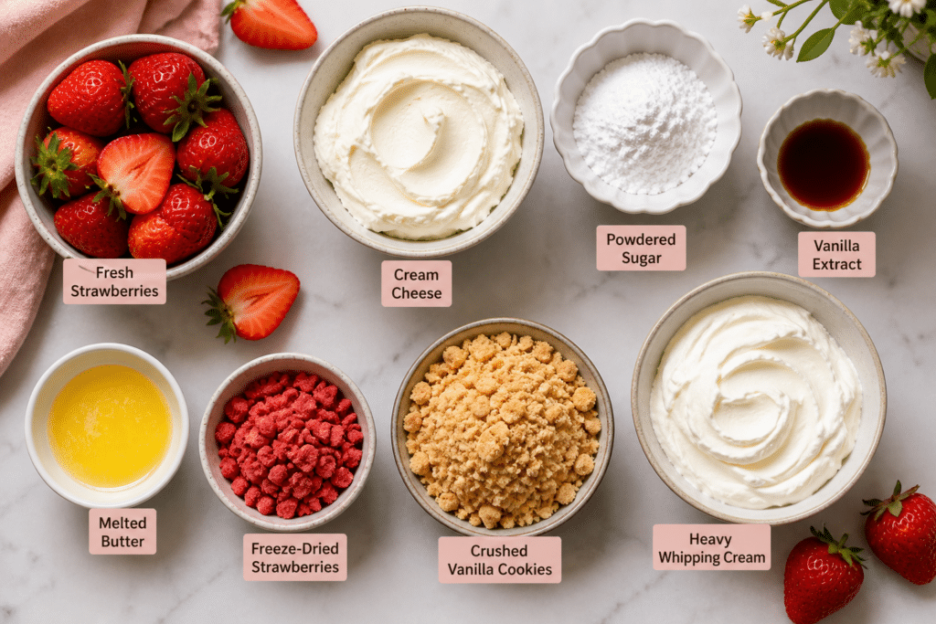ingredients for no bake strawberry cheesecake cups including cream cheese strawberries cookies and whipped cream