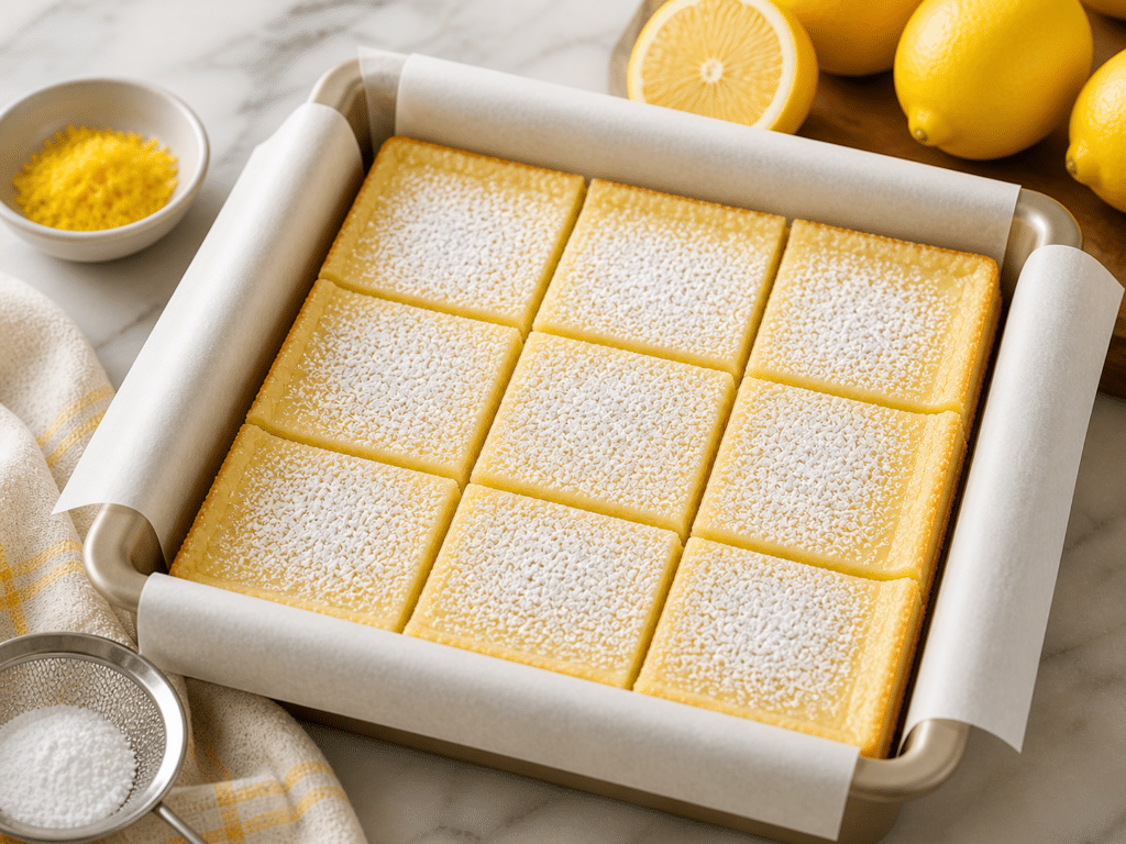 Freshly baked lemon cream cheese bars cut into squares in baking pan with powdered sugar topping