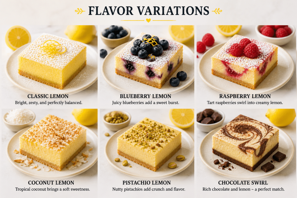 Different lemon cream cheese bar variations including blueberry raspberry coconut pistachio and chocolate swirl