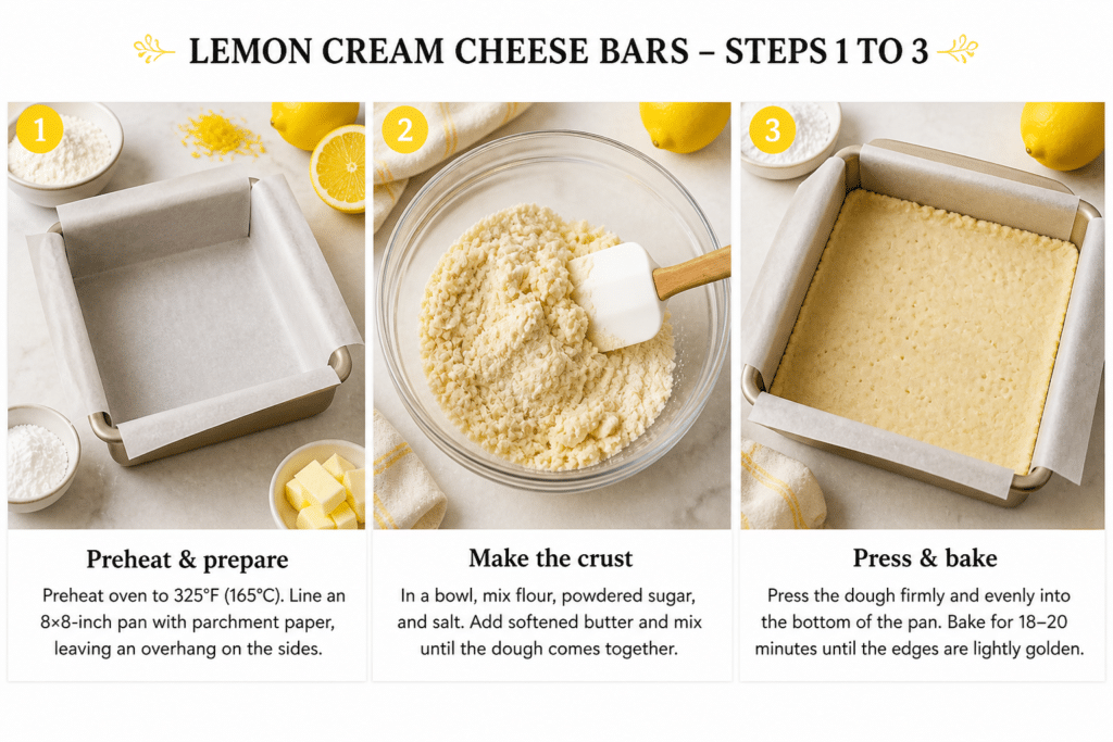 Step by step making lemon cream cheese bars showing pan preparation mixing crust and baking shortbread base
