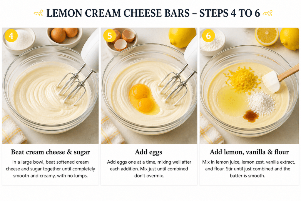 Preparing lemon cream cheese filling by mixing cream cheese eggs and lemon juice until smooth