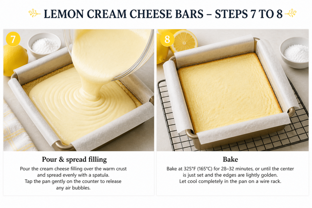 Pouring lemon cream cheese filling over crust and baking bars until set in square pan