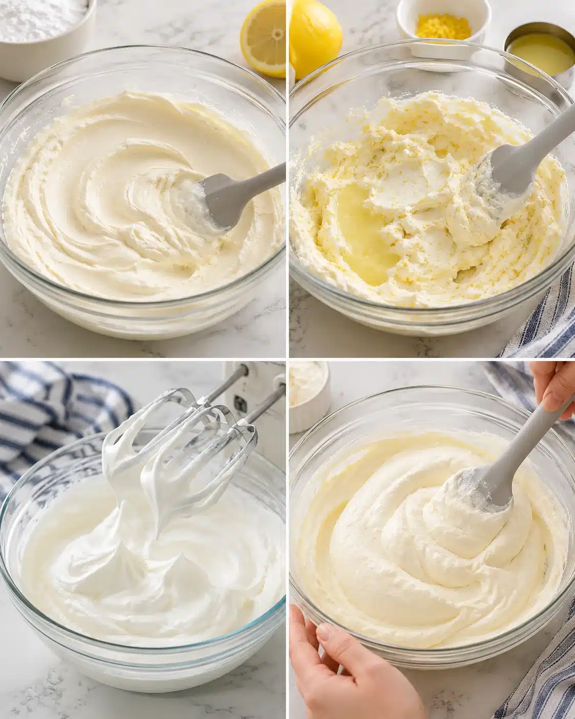 Four-panel collage showing lemon buttercream preparation: creamy base, lemon zest, whipped peaks, folding.
