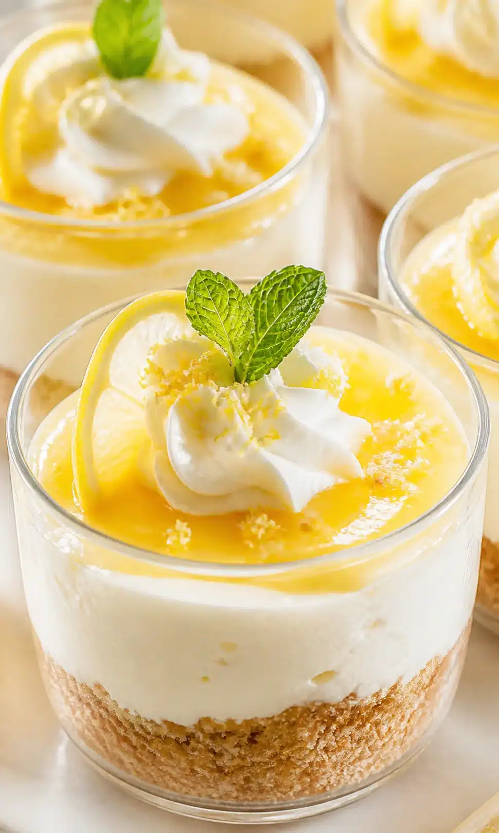 Layered lemon cheesecake in a glass with crust, whipped cream, lemon slice, and mint.