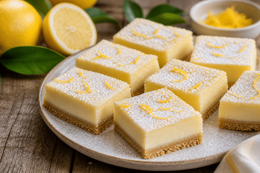 Close view of lemon cream cheese bars with smooth creamy texture and fresh lemon zest on top