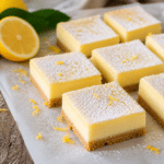 Lemon cream cheese bars with buttery shortbread crust and creamy lemon filling dusted with powdered sugar on rustic table