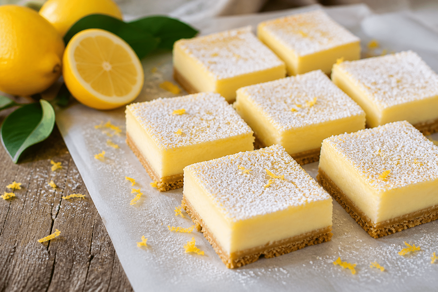 Lemon cream cheese bars with buttery shortbread crust and creamy lemon filling dusted with powdered sugar on rustic table