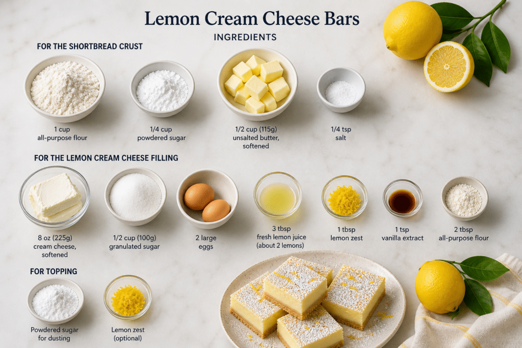 Ingredients for lemon cream cheese bars including flour butter eggs cream cheese sugar and fresh lemons neatly arranged