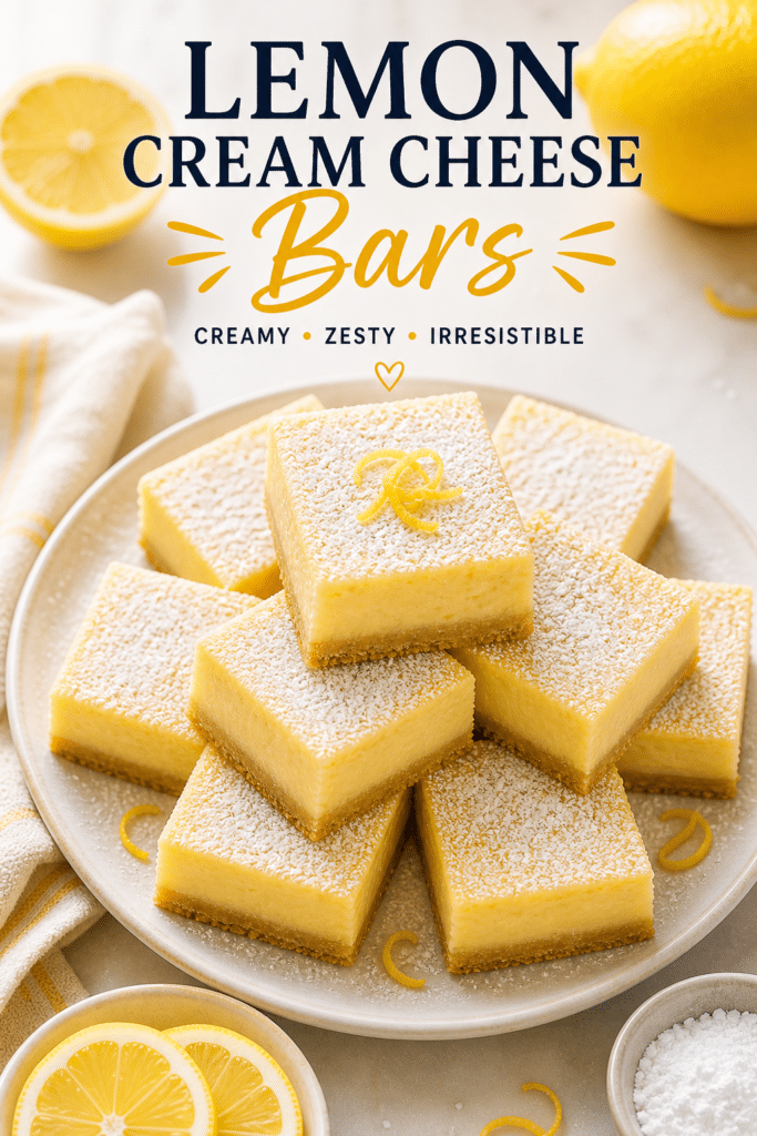 Stacked lemon cream cheese bars with creamy texture and shortbread crust styled for Pinterest dessert recipe
