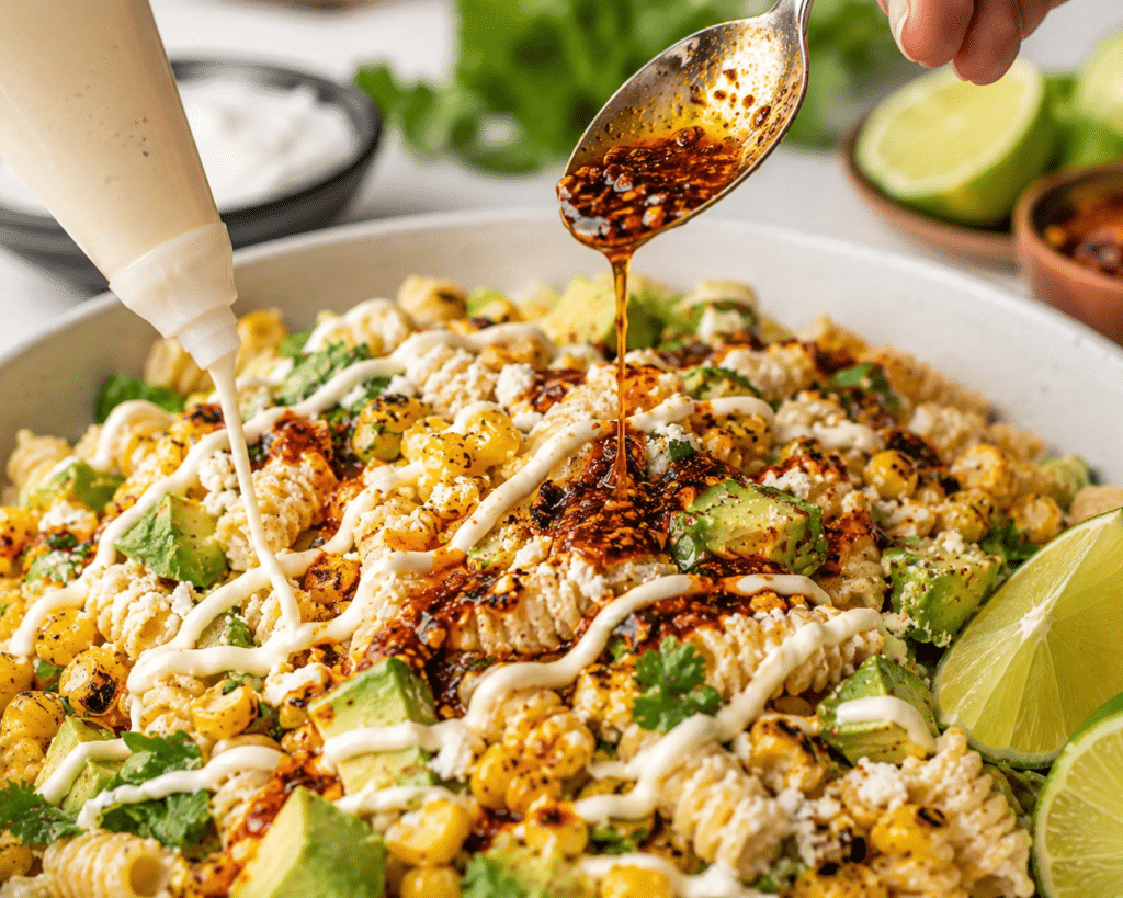Creamy street corn pasta salad topped with lime mayo drizzle and spicy chili butter before serving.