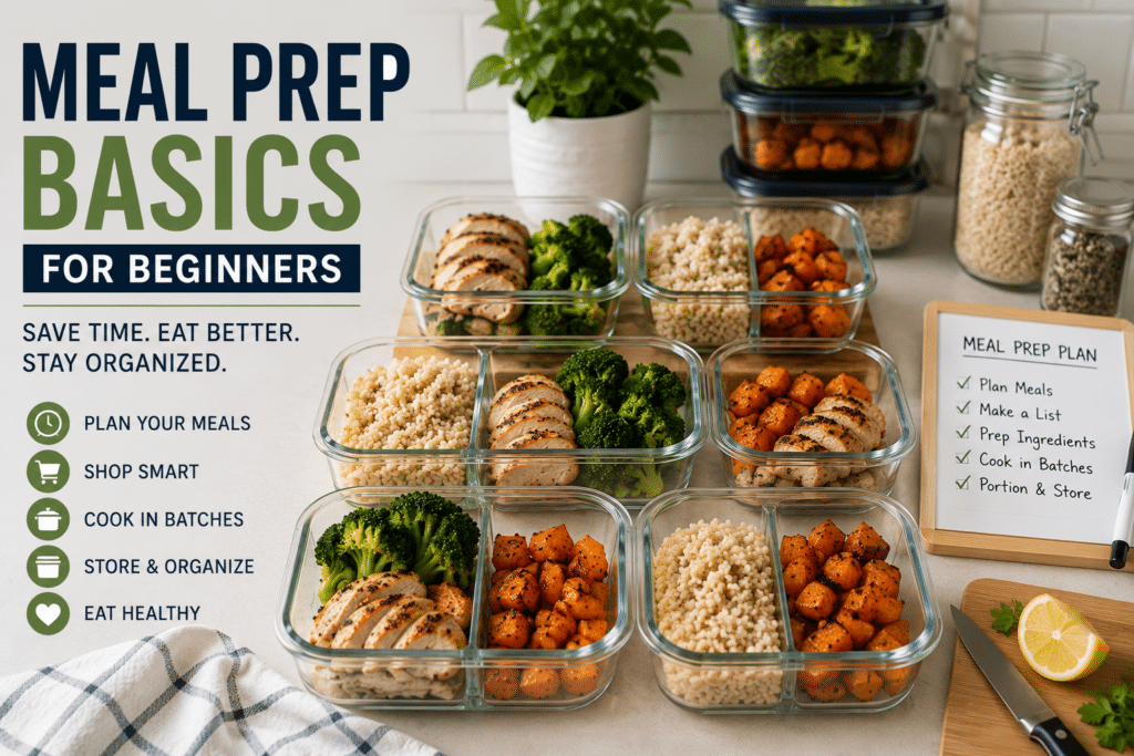Meal Prep Basics Guide showing batch cooking containers and weekly meal prep organization