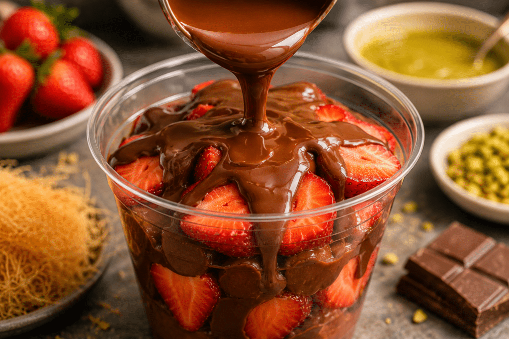 Step-by-step layering process for Dubai chocolate strawberry dessert cups