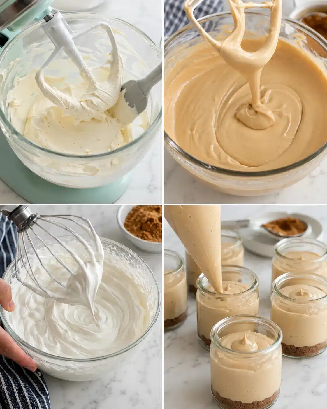 collage of four food-prep steps: whipping cream, caramel mousse, meringue, and layered cheesecake jars.