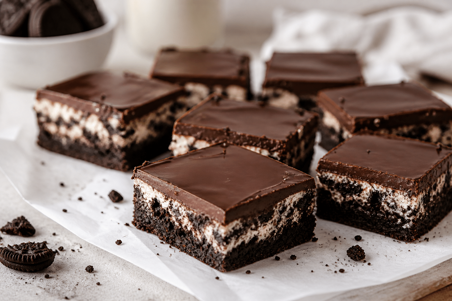 No-bake Oreo bars cut into squares with smooth chocolate ganache topping on parchment paper