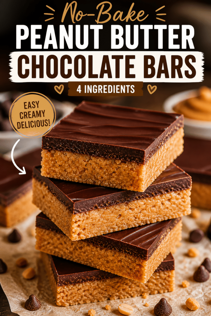 no-bake peanut butter chocolate bars stacked with text overlay easy 4 ingredient dessert