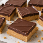 no-bake peanut butter chocolate bars cut into squares with smooth chocolate topping on parchment paper