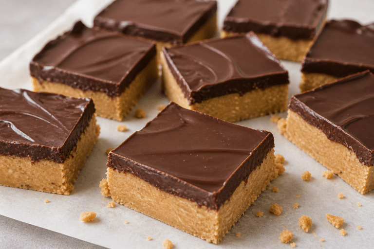 no-bake peanut butter chocolate bars cut into squares with smooth chocolate topping on parchment paper