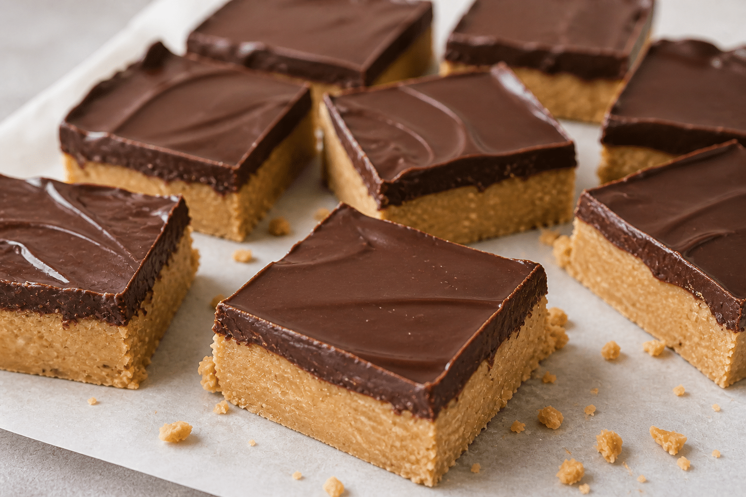 no-bake peanut butter chocolate bars cut into squares with smooth chocolate topping on parchment paper