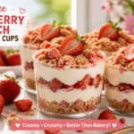no bake strawberry crunch cheesecake cups layered dessert in glass with fresh strawberries and crunchy topping