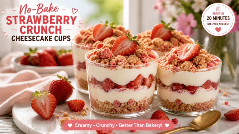 no bake strawberry crunch cheesecake cups layered dessert in glass with fresh strawberries and crunchy topping