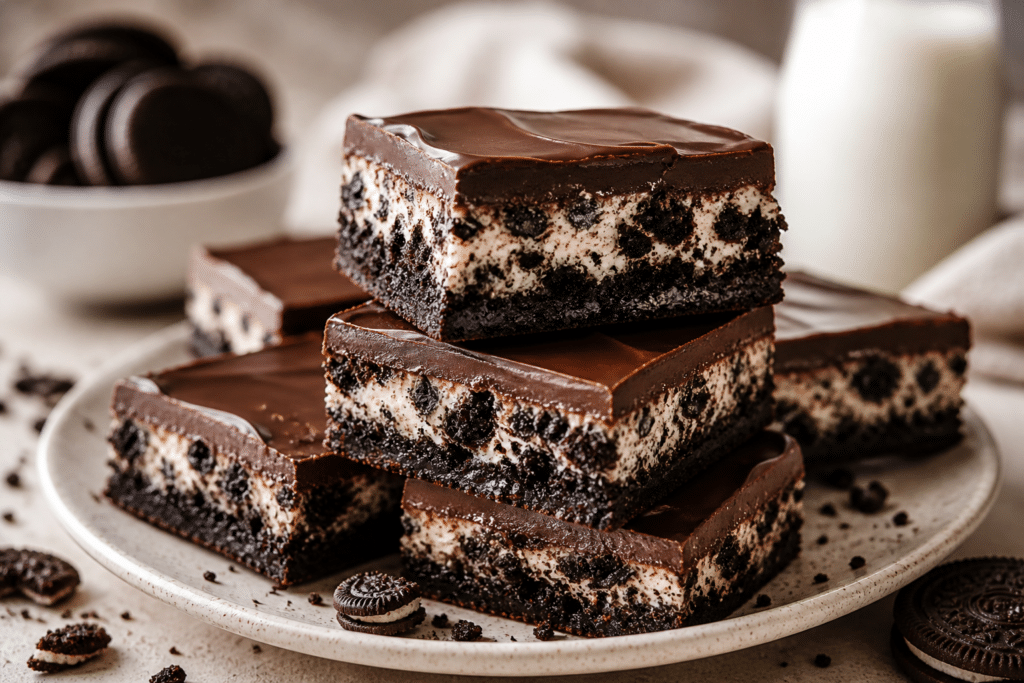 Close-up of creamy no-bake Oreo bars showing chocolate layers and cookie texture