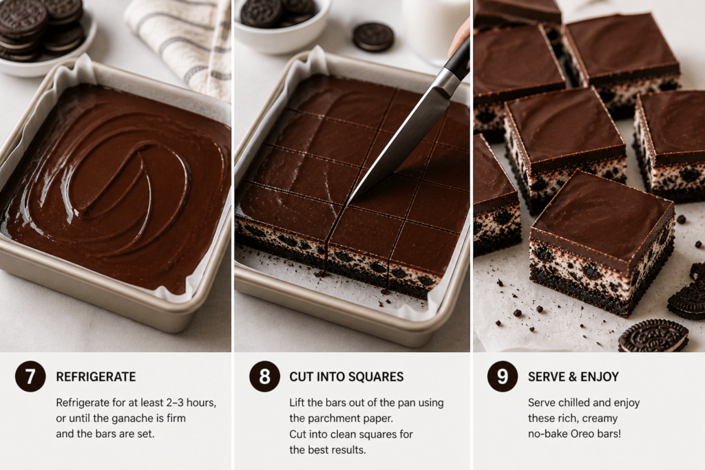 Slicing chilled no-bake Oreo bars into clean squares with smooth chocolate topping