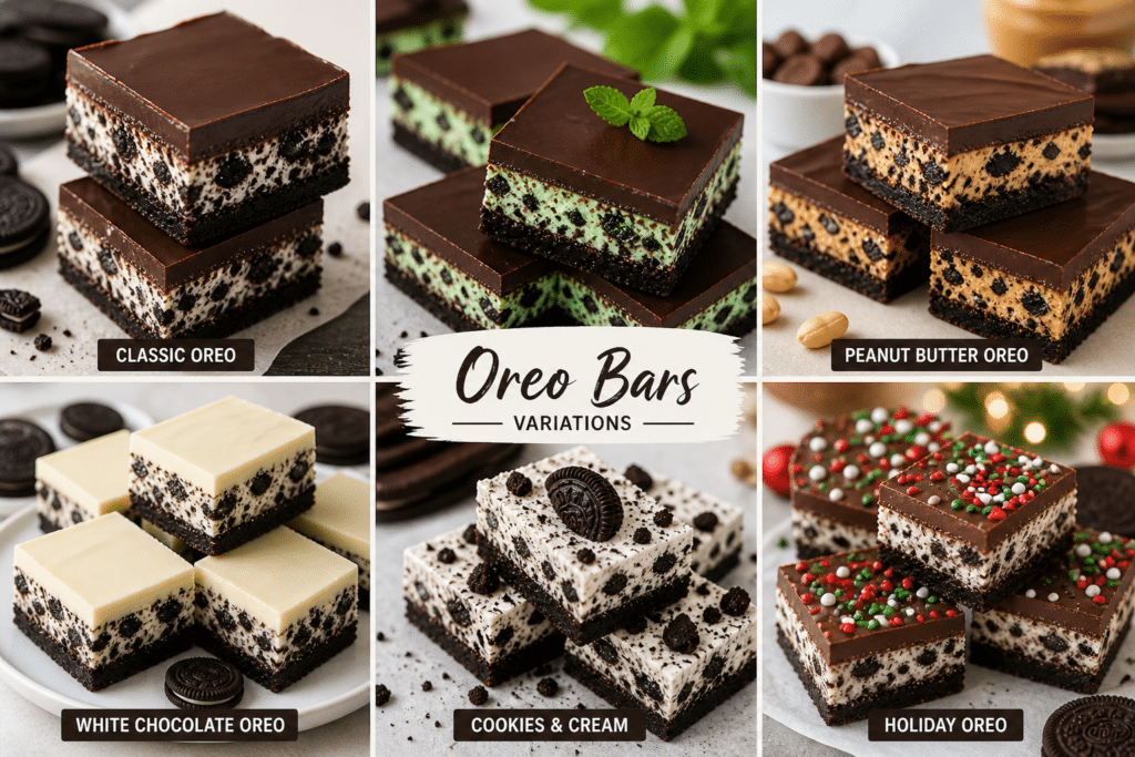 Different Oreo bar variations including classic, peanut butter, mint, and white chocolate
