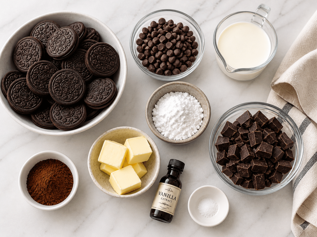 Oreo cookies, butter, chocolate chips, and cream arranged for no-bake Oreo bars recipe