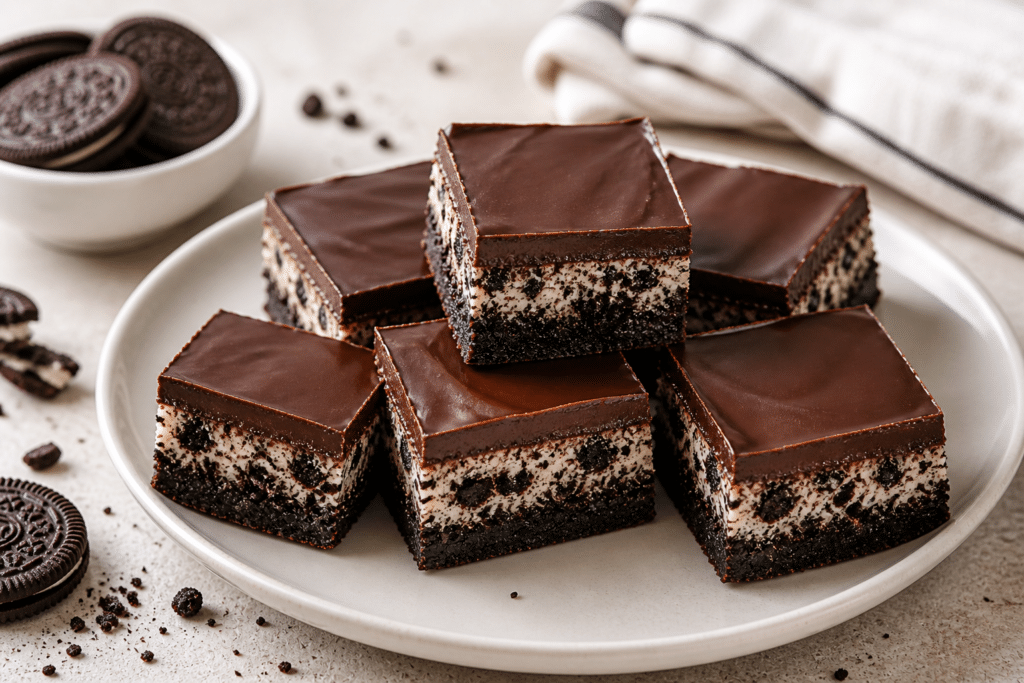 Plate of no-bake Oreo bars with glossy chocolate topping and cookie crumb layers