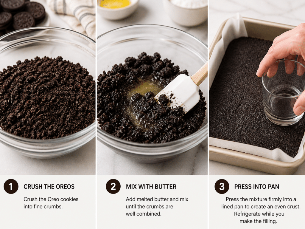 Crushing Oreos, mixing with butter, and pressing into pan for Oreo crust base