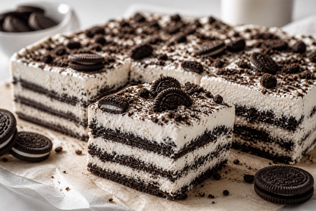 close up of oreo icebox cake showing soft whipped cream layers and chocolate cookie texture