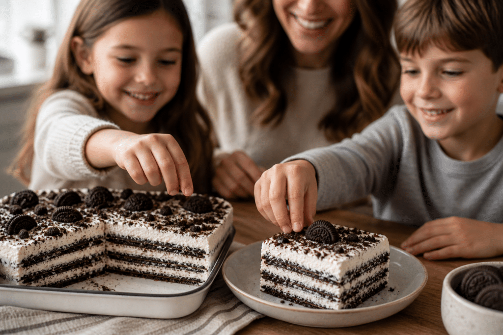 family hands reaching for oreo icebox cake slice in cozy kitchen setting