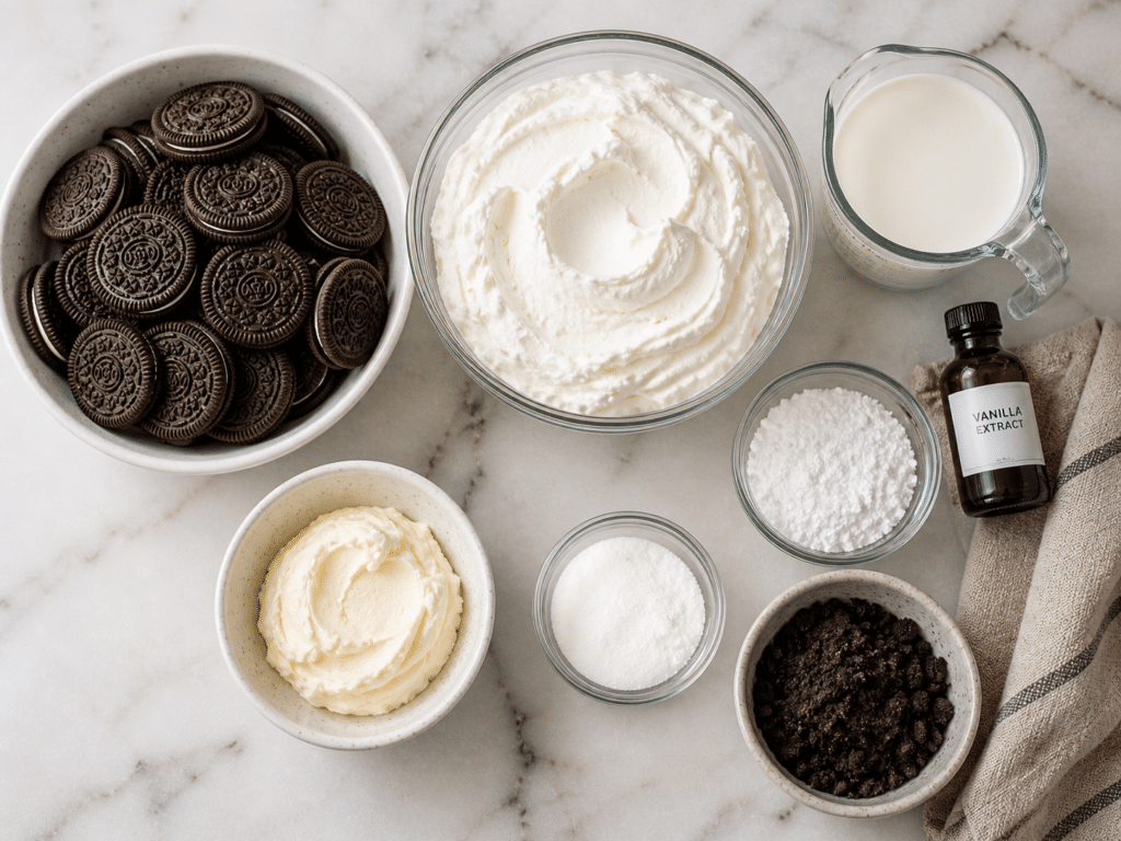 ingredients for oreo icebox cake including cookies whipped cream sugar and vanilla