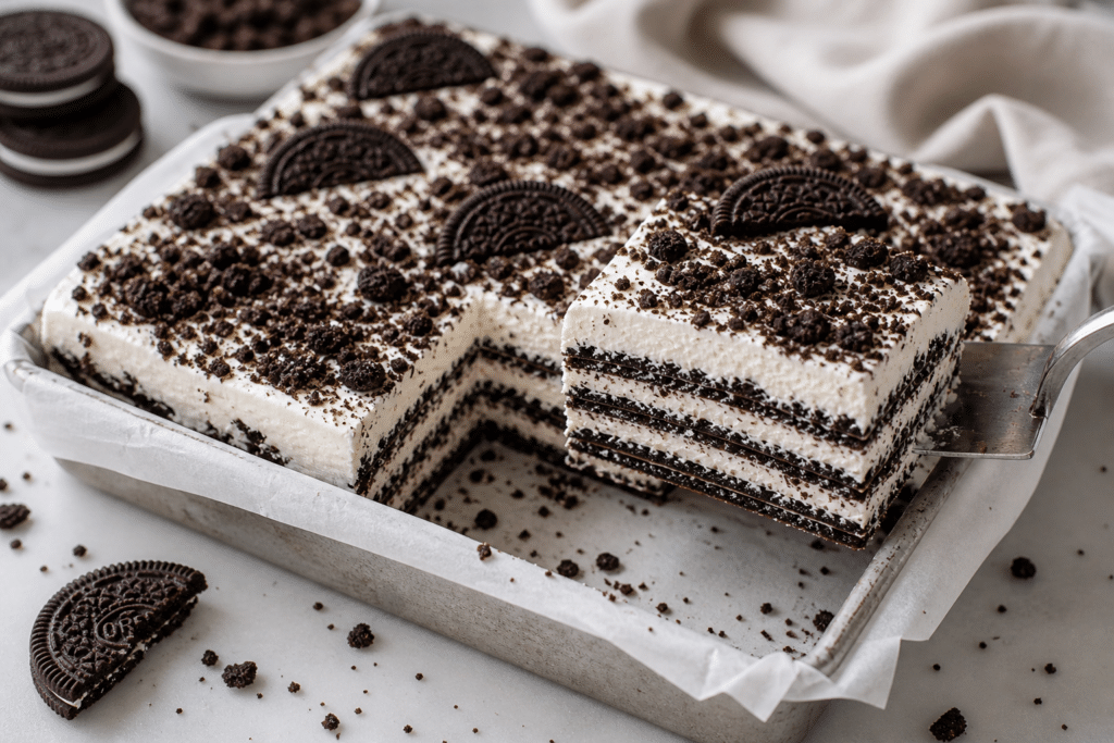 layering oreo cookies and whipped cream in pan for icebox cake