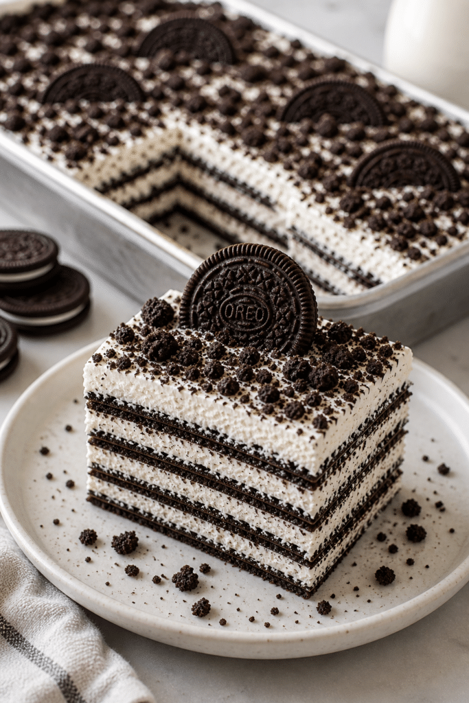 oreo icebox cake vertical pinterest style image with creamy layers and chocolate cookies