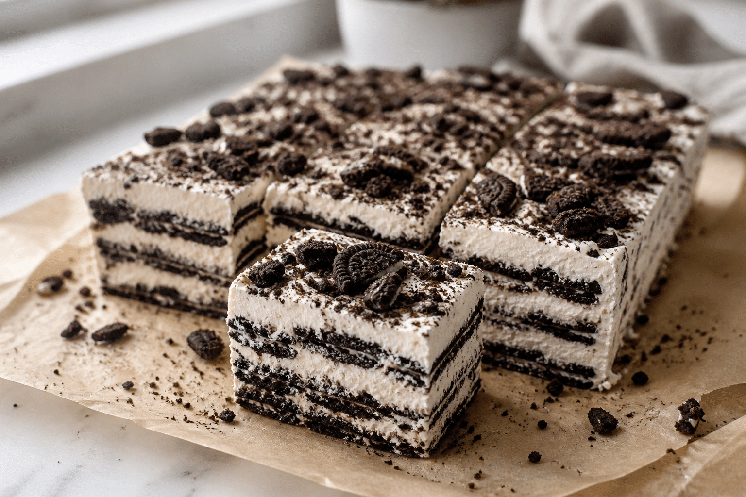 oreo icebox cake cut into squares with creamy whipped layers and chocolate cookie layers on parchment paper