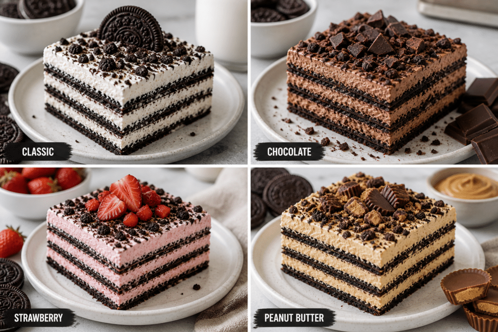 different oreo icebox cake variations including chocolate strawberry and peanut butter