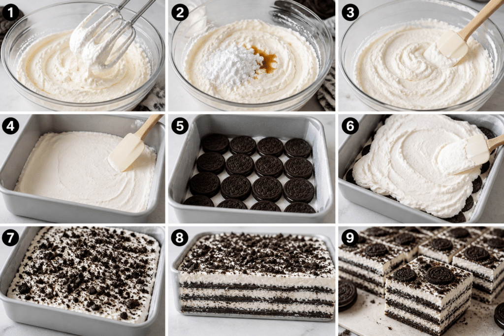 whipping cream with sugar and vanilla to make oreo icebox cake filling