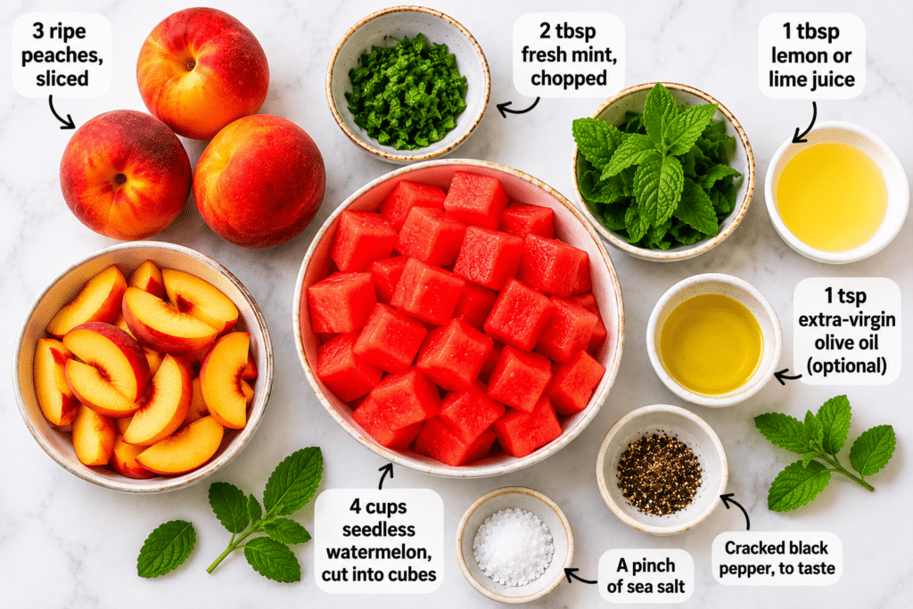 Flat lay of peach watermelon salad ingredients including fresh peaches, watermelon cubes, mint, olive oil, lemon juice, sea salt, and black pepper.