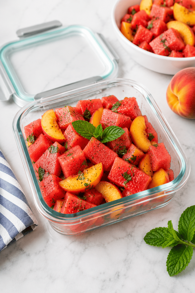 Peach watermelon salad stored in a glass airtight container with fresh mint and ripe peaches on a marble countertop.