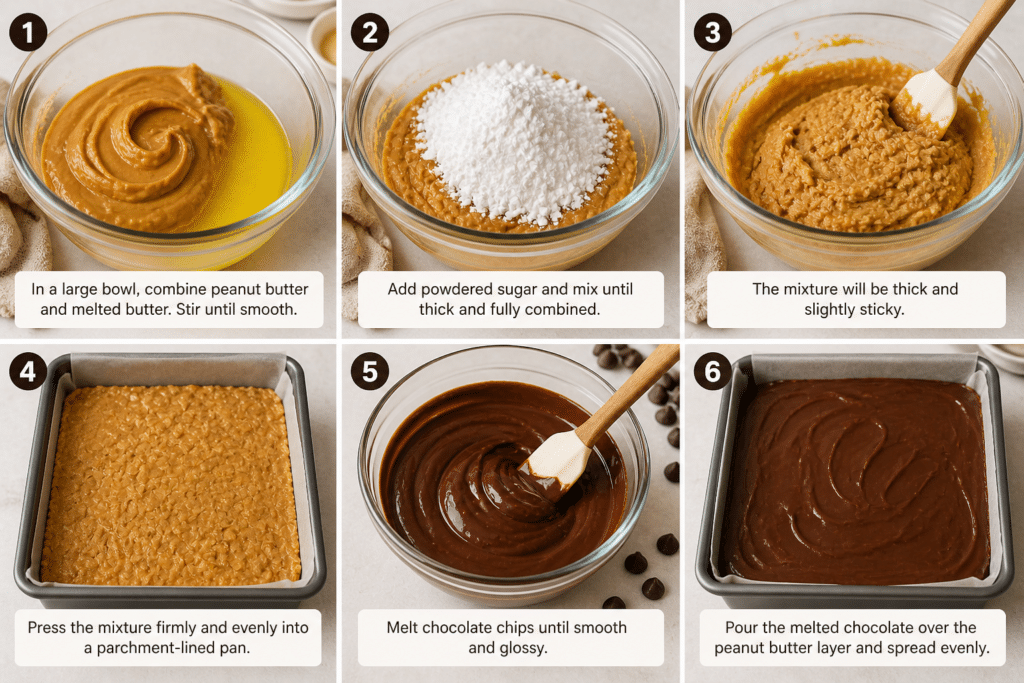 mixing peanut butter butter and powdered sugar to make base for no-bake peanut butter bars