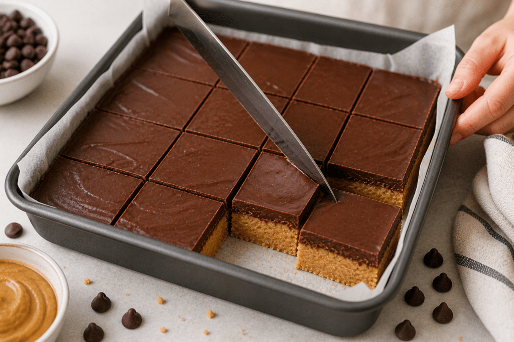 cutting no-bake peanut butter chocolate bars into clean squares in baking pan