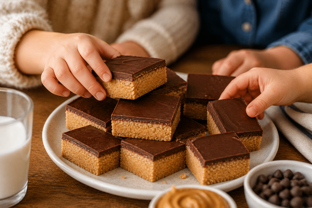 hands picking no-bake peanut butter chocolate bars from plate in cozy kitchen setting