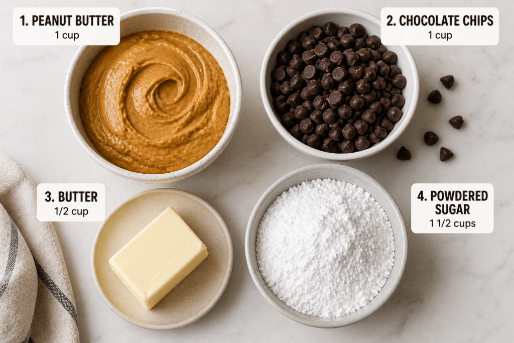 peanut butter chocolate bars ingredients including peanut butter butter chocolate chips and powdered sugar