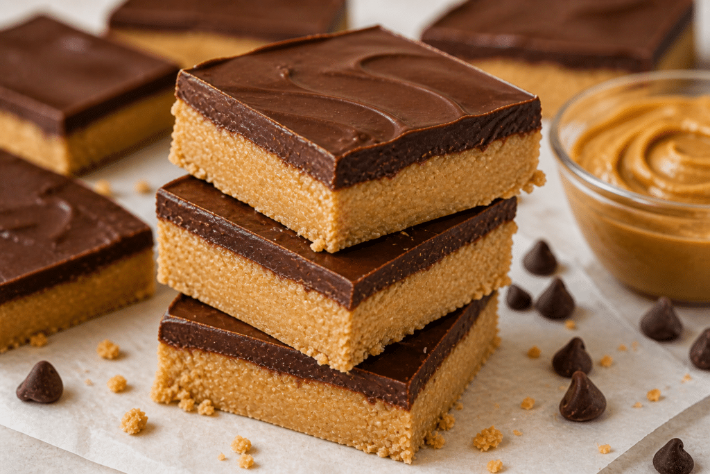 stacked no-bake peanut butter chocolate bars showing creamy layers and glossy chocolate top