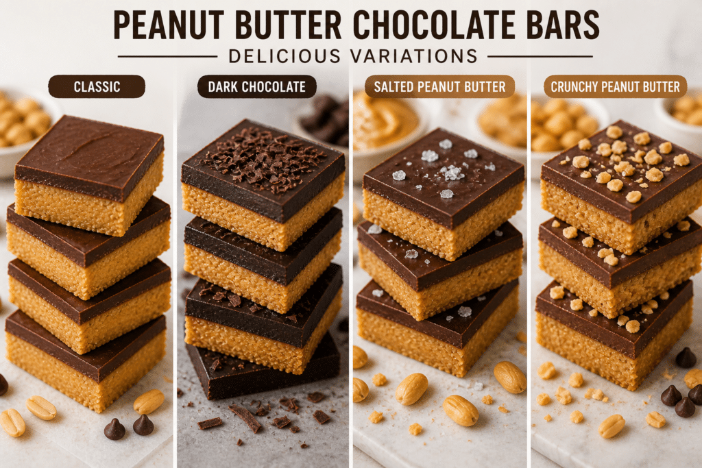 different variations of peanut butter chocolate bars including dark chocolate salted and crunchy versions