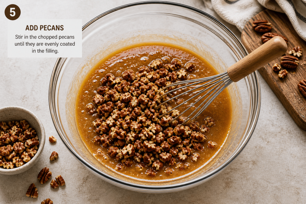 Mixing chopped pecans into caramel filling for pecan pie bars in glass bowl