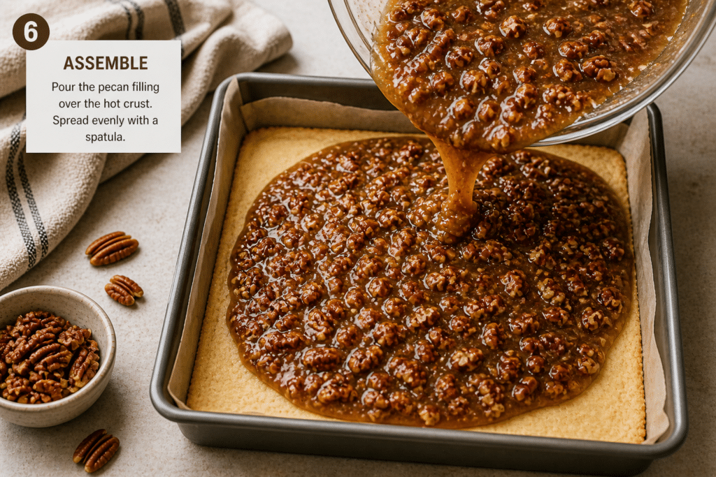 Pouring pecan filling over baked crust in square pan for pecan pie bars