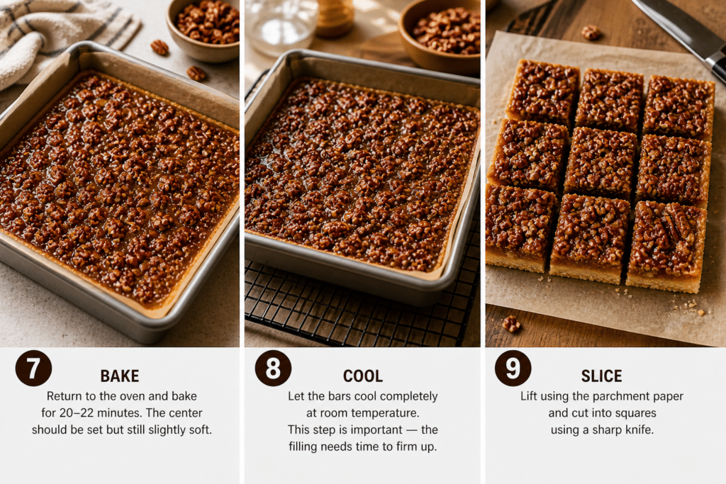 Baked pecan pie bars cooling in pan and sliced into squares with caramel pecan topping