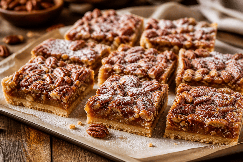 Close up of pecan pie bars showing rich gooey filling and toasted pecan topping